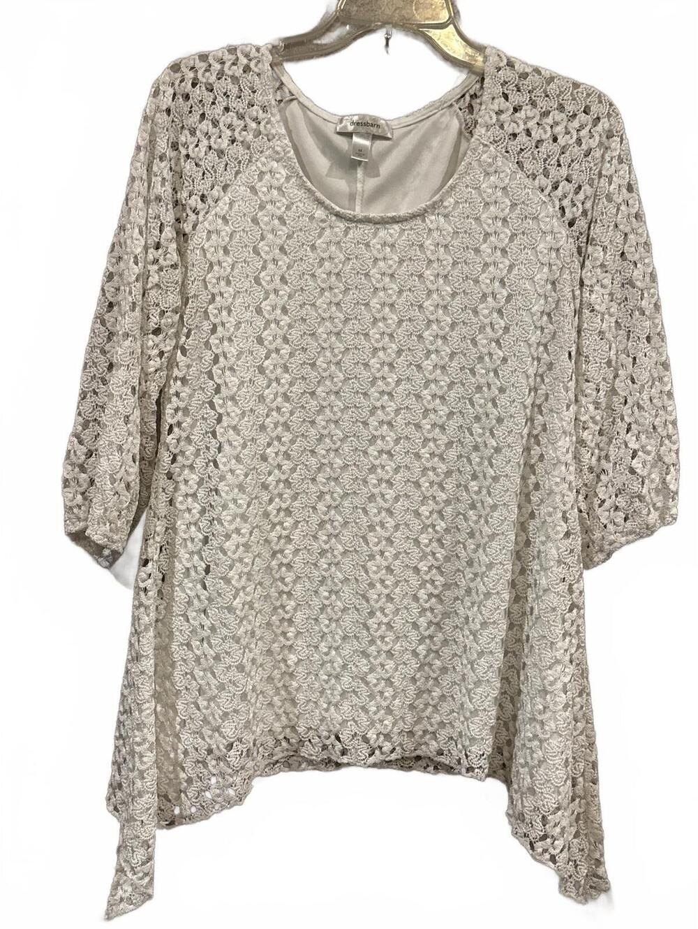 dressbarn Medium White Crochet Lace Blouse with Asymmetric Hem